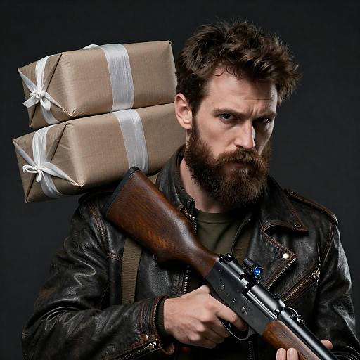Intense Bearded Man with Rifle and Packages