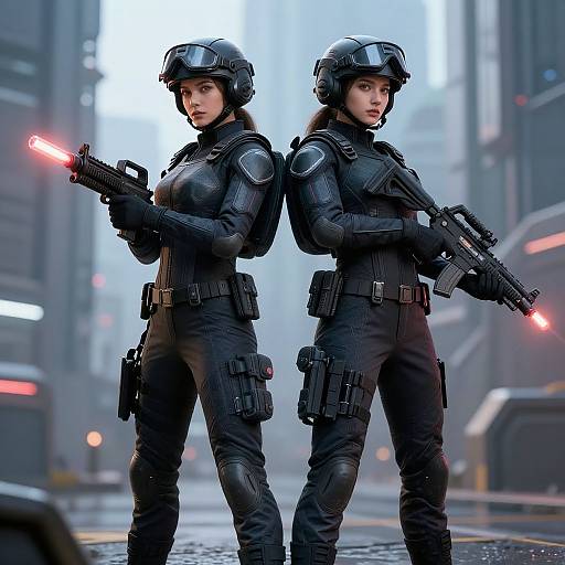 Digital artwork of two female SWAT officers in black tactical gear, helmets, and visors, standing back-to-back with guns, in a foggy urban