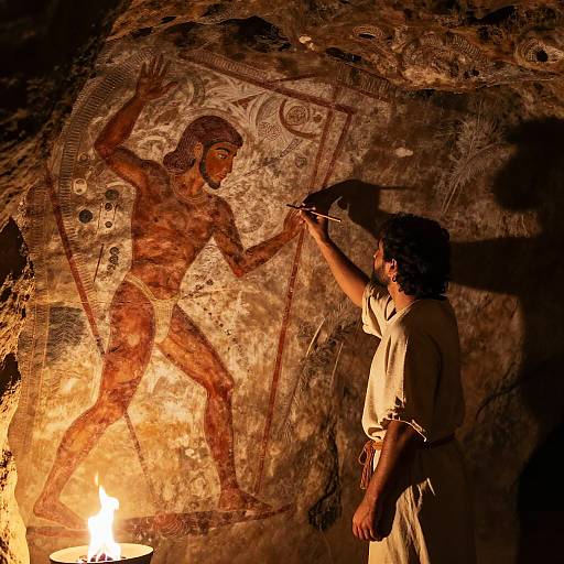 Photograph of a cave painting depicting a raised-arm, nude figure with a torch-bearing man in front, illuminated by a small flame.