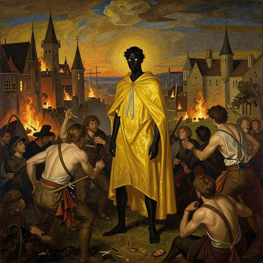 Baroque-style painting of a black figure in a glowing yellow robe, surrounded by angry, shirtless men with torches and burning buildings in the background