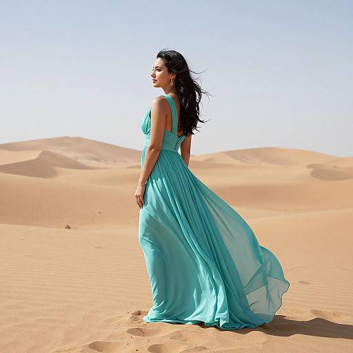 Photograph of a woman with long black hair in a flowing, turquoise gown standing in a sunlit desert with sand dunes.