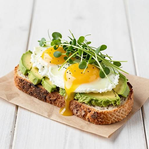 Photograph of an avocado toast with sunny-side-up egg, microgreens, and black pepper on toasted bread on a wooden board.