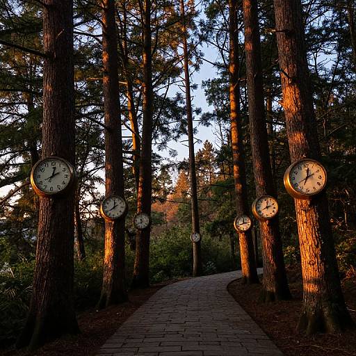Forest pathway with vintage clocks on trees