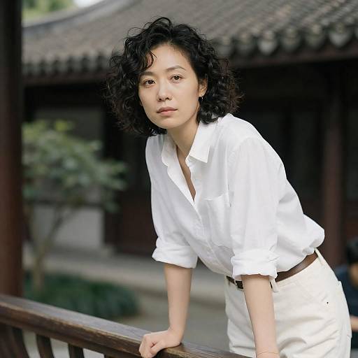 Asian Woman Leaning Over Railing