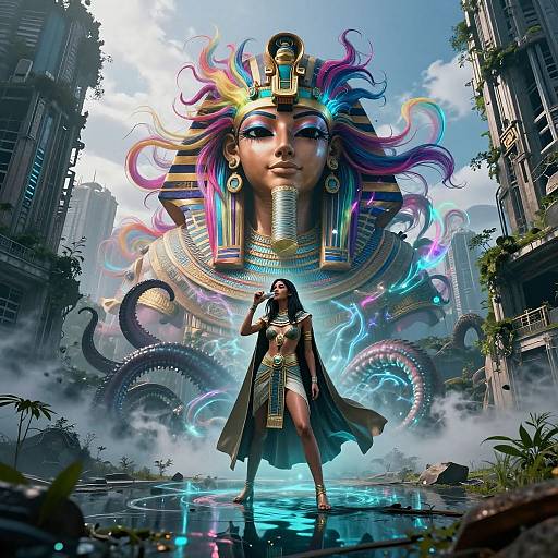 Digital fantasy artwork: A vibrant, rainbow-haired, Egyptian goddess with glowing eyes and elaborate headdress stands in a ruined city, surrounded by tentacles,
