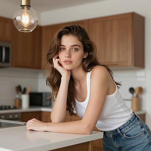 Young Woman Leaning on Kitchen Counter