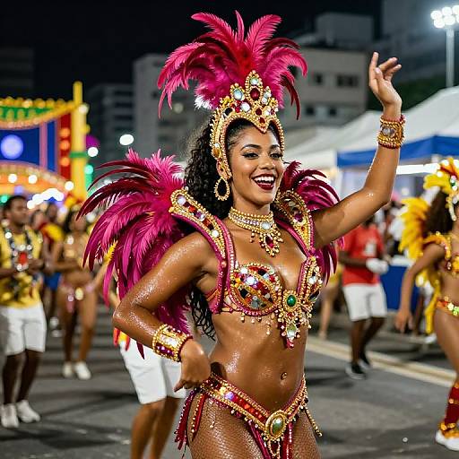 Photograph of a joyful Black woman in a vibrant, gold and red Carnival costume with pink feathers, dancing at night on a city street, surrounded by