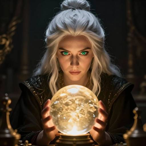 Digital art of a white-haired woman with green eyes, holding a glowing orb, wearing a dark, textured cloak, in a dimly lit, mysterious