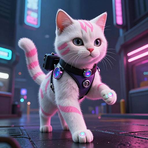 CGI image of a white, pink-striped cyber cat with glowing blue accents, futuristic harness, and city neon lights in background.