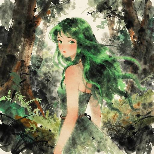Serene Forest Nymph in Sumi-e Style