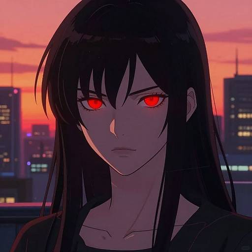 Digital anime-style portrait of a mysterious woman with long black hair, glowing red eyes, and a serious expression, set against a vibrant sunset city skyline.