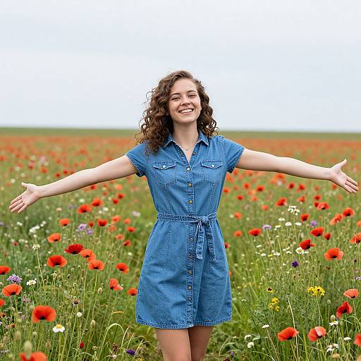 Photograph of smiling curly-haired woman in blue denim dress, arms outstretched, standing in vibrant red poppy field with green grass and colorful wild