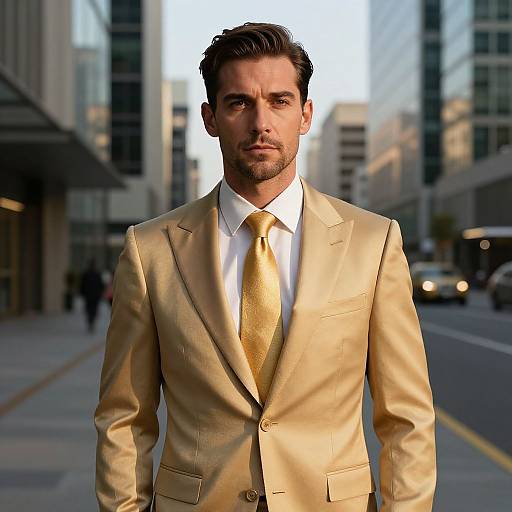 Photograph of a handsome, bearded man in a shimmering gold suit and matching gold tie, standing confidently on a city street with blurred skyscrap