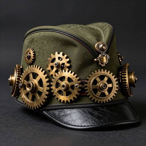 Photograph of a green military-style cap with black leather brim, adorned with intricate brass gears and a small winged emblem. Dark background. Ste