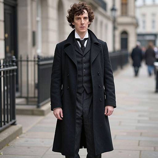Photograph of a young man with curly brown hair, wearing a black Victorian-style overcoat, three-piece suit, and white shirt, standing on a