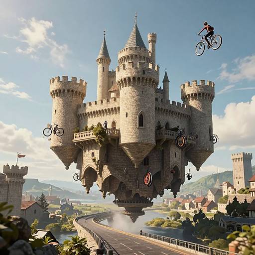 Digital illustration of a floating medieval castle with four turrets, surrounded by cyclists, over a winding road and countryside. Bright, sunny day with blue sky