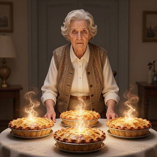 Elderly white woman with white hair and brown tweed vest, wearing white shirt, lighting four pies with flames on a table. Photorealistic