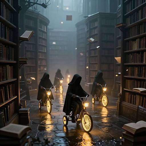 Photograph of a foggy, rain-soaked library aisle at night, featuring four hooded figures riding glowing bicycles between towering bookshelves.
