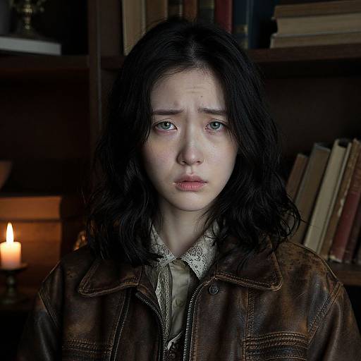 Photograph of a young woman with long, dark hair, pale skin, and sad expression, wearing a brown leather jacket over a lace-collared