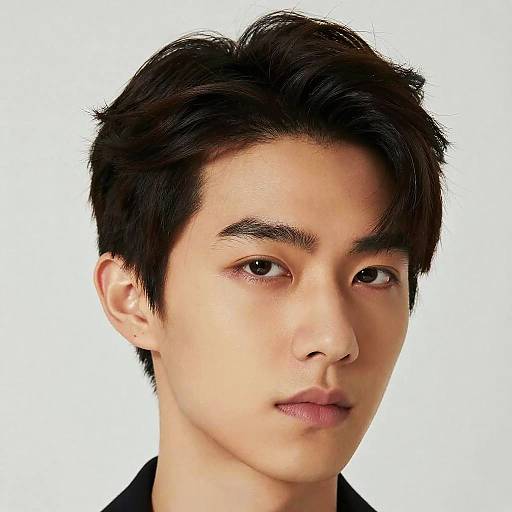 Photograph of an Asian young man with fair skin, black short messy hair, and brown eyes, looking slightly to the right. White background.