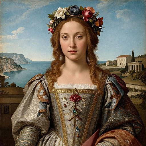 Renaissance-style portrait of a young woman with fair skin and brown curls, wearing an ornate floral crown, detailed gray dress, and blue background
