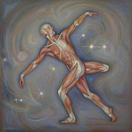 Digital painting of a muscular, bald man in dynamic pose, highlighting his defined muscles against a swirling, starry blue background. Artist: S. S