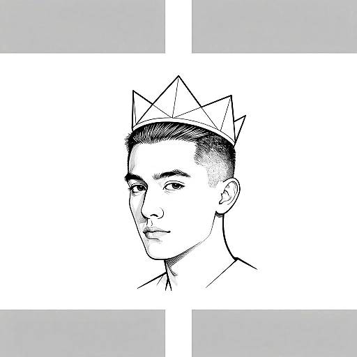 Black-and-white digital line drawing of a young man with short, spiked hair, wearing a geometric paper crown, facing left. Minimalist style.