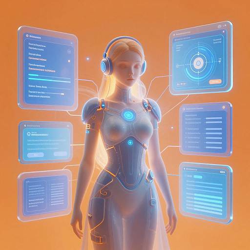 CGI image of a blonde, blue-eyed, futuristic female robot with glowing blue accents, headphones, and holographic interface screens against an orange background.