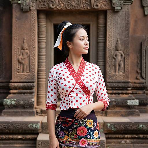 Photograph of an Asian woman with black hair in a ponytail, wearing a white polka dot blouse and floral skirt, standing in front of an