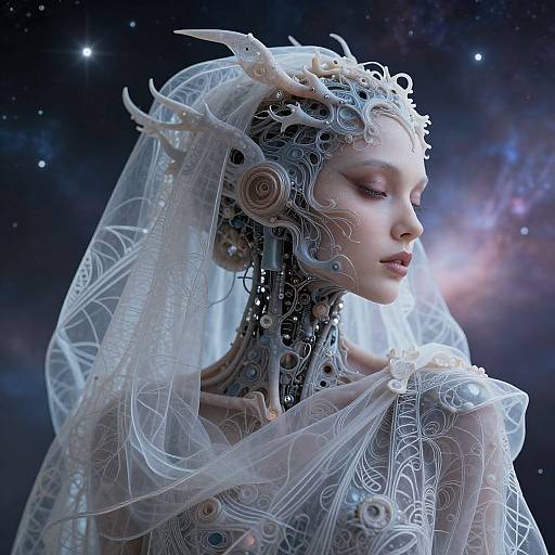 Digital art: Ethereal, cybernetic bride with intricate mechanical neck, white lace veil, and floral headpiece, set against a starry,