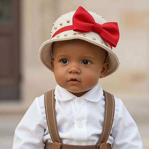 Photograph of a cute toddler with light brown skin, wearing a white shirt, brown suspenders, and a white hat with a red bow, standing