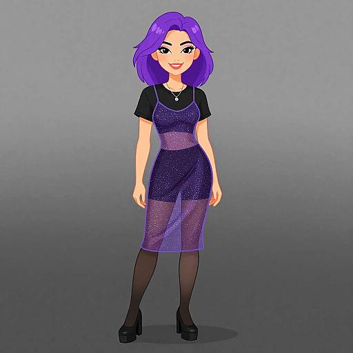 Digital illustration of a smiling woman with purple hair, wearing a black top, sheer purple dress, black tights, and black heels.