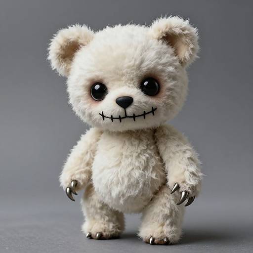 Photograph of a creepy, white, fluffy, stitched teddy bear with black, shiny claws and eyes, standing against a gray background.