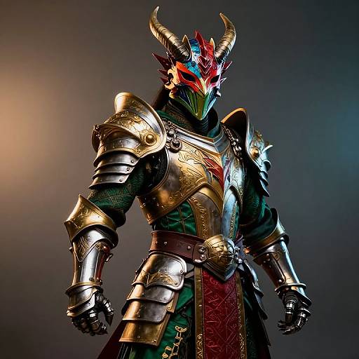Photorealistic CGI of a horned, masked armored warrior with colorful, intricate helmet, green and red patterned clothing, and shiny golden armor.