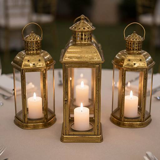 Photograph of three vintage brass lanterns with lit white candles, arranged on a white tablecloth, creating a warm, elegant ambiance.
