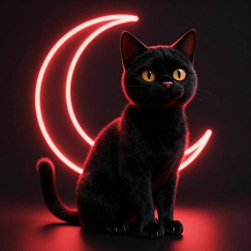 Black Cat with Red Neon Crescent Moon