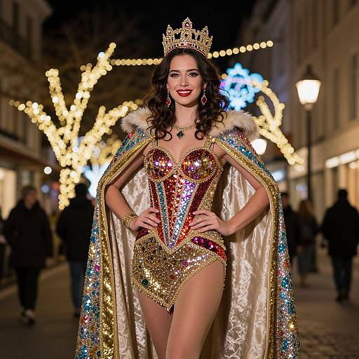 Photograph of a smiling woman with curly dark hair, wearing a glittery red and gold corset, sparkling cape, crown, and earrings, standing