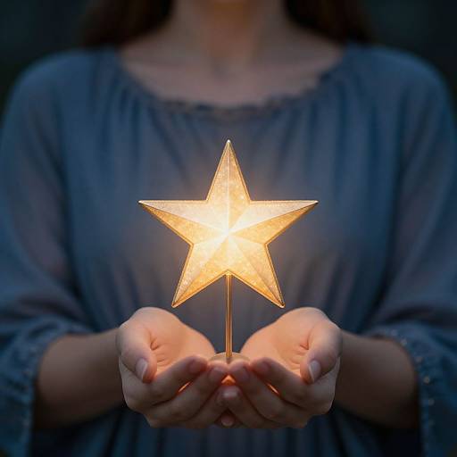 Photograph of a person's hands holding a glowing, amber star-shaped lantern against a dark blue, softly lit background.