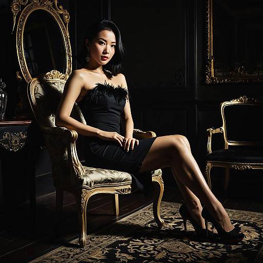 Elegant East Asian Woman in Black Dress