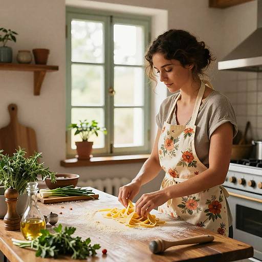 Photograph of a curly-haired woman in a floral apron slicing yellow squash in a sunlit, rustic kitchen with wooden countertops.