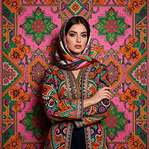 Photograph of a woman with light brown skin, dark hair, and brown eyes, wearing an ornate, colorful traditional dress and headscarf,