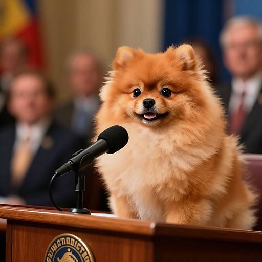 Photograph of a fluffy, orange Pomeranian dog standing at a wooden podium with a microphone, blurred officials in the background.