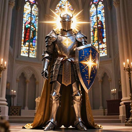 Photorealistic CGI of shining, sun-ray-emitting armored knight with a blue shield, standing in a grand, candlelit gothic cathedral.