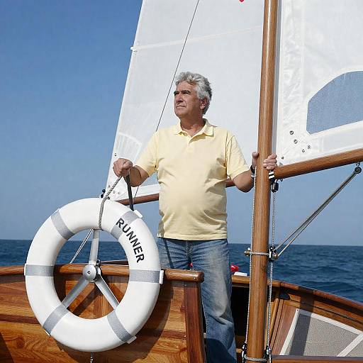 Middle-aged man steering sailboat at sea