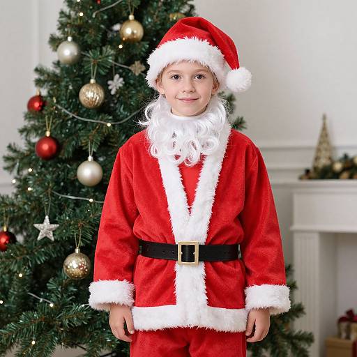Photograph of a young child with curly blonde hair, wearing a red Santa suit with white trim, black belt, and Santa hat, standing in front