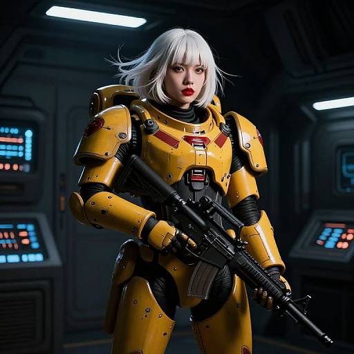 CGI image of a white-haired woman in yellow sci-fi armor, holding a rifle, in a dark futuristic control room.