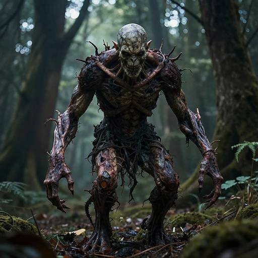 CGI forest creature: hunched, skeletal, humanoid with twisted, dark brown, vine-like limbs, decayed skin, glowing eyes, eerie forest