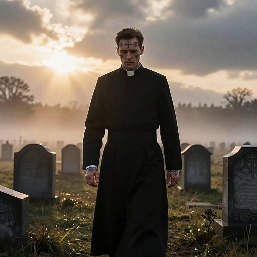 Tattooed Catholic Priest in Misty Graveyard
