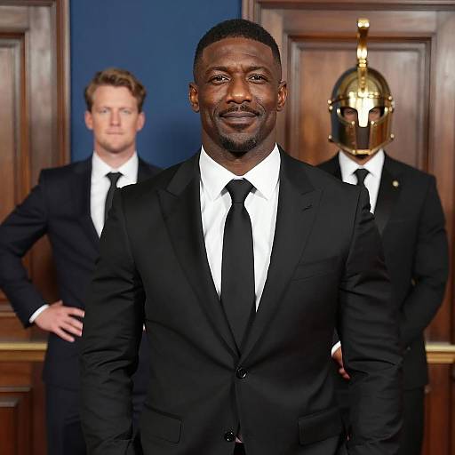 Confident Man in Black Suit with Golden Helmet in Background