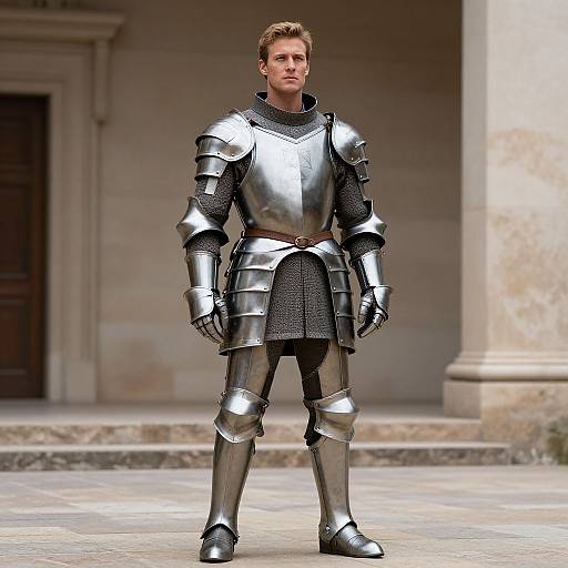 Photograph of a tall, handsome man with short blonde hair standing confidently in shiny medieval-style silver armor in a stone courtyard.